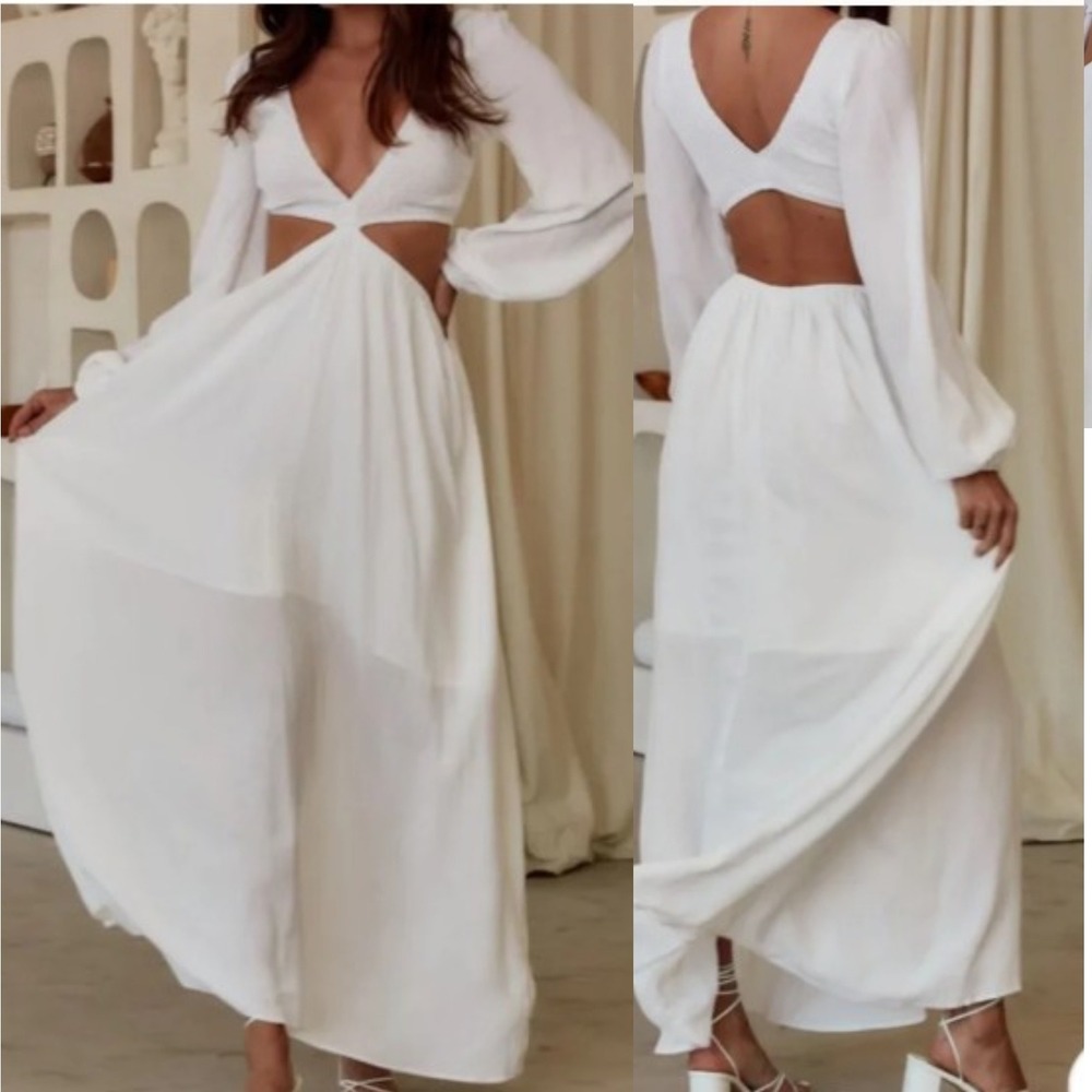 12th Tribe Reina White Cutout Maxi Dress Plunging Neckline Long Sleeve Small